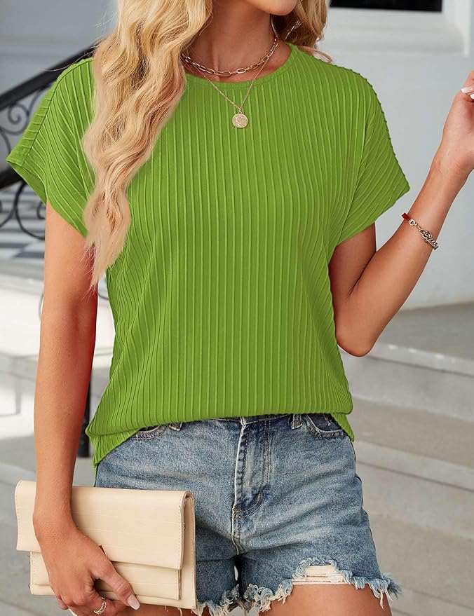 JUSTFASHIONNOW Womens Short Sleeve Blouses Business Casual Tops Crew Neck Basic Tees Textured Work Shirts Cute Office Outfits