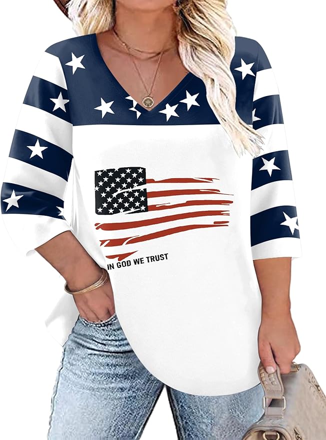 TFSDOD Womens Plus Size Tops V Neck T Shirts 3/4 Sleeve Blouse Summer Casual Tees XL-5X