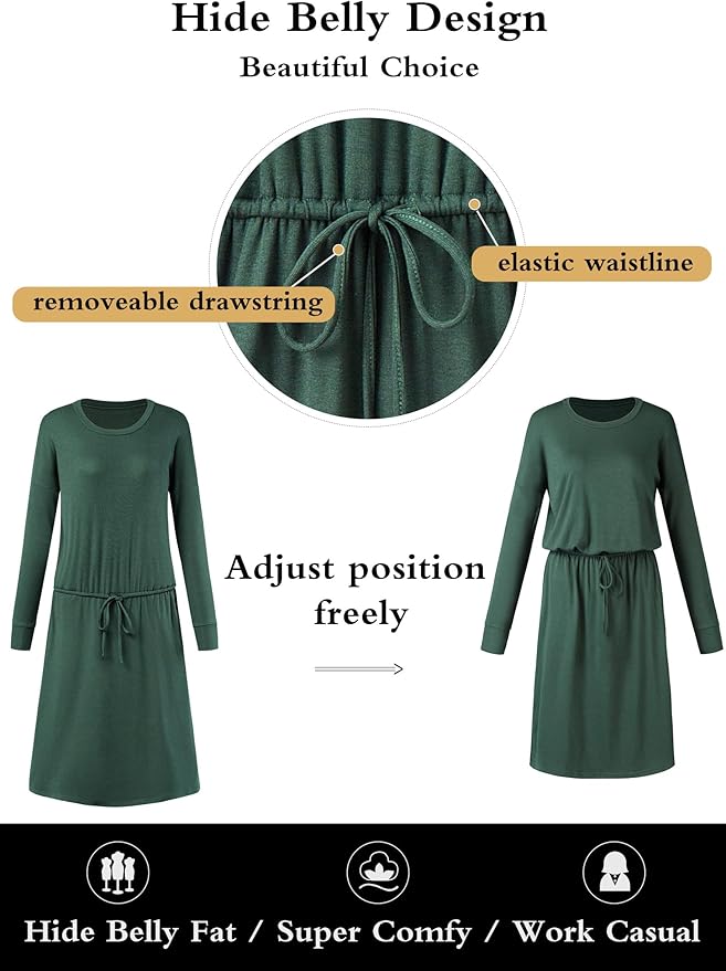 Simier Fariry Womens Spring Hide Belly Knee Length Travel Dress Pocket Summer Short Sleeve Midi Work Casual Outfits