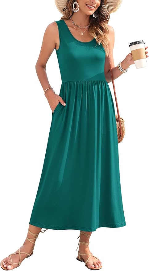 WNEEDU Women's Summer Maxi Dress 2026 Casual Sleeveless Hawaiian Sundress Tropical Long Dress Beach Vacation Outfit