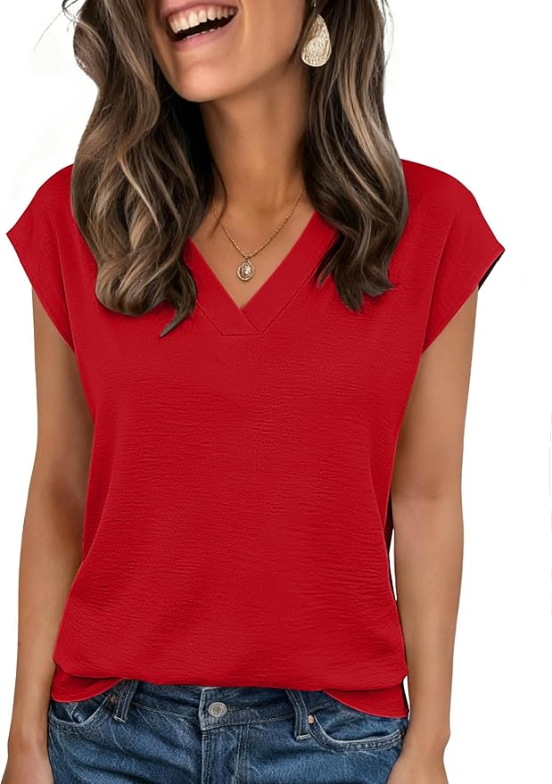 Zeagoo Womens Tops Cap Short Sleeve Textured Blouse V Neck Summer Spring Shirts Business Casual Outfits