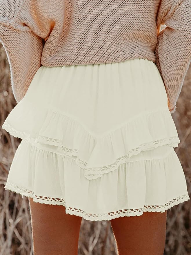 Aoudery Flowy Shorts for Women Casual Boho Ruffle Tiered Skorts High Waist Mini Skirts Golf Tennis Crochet Shorts