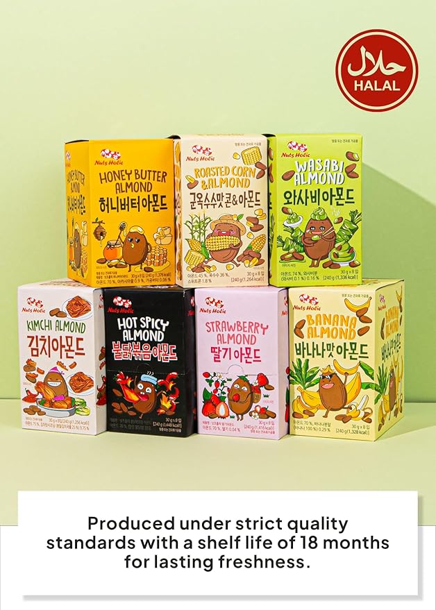 Korean Food Nuts Holic Kimchi Almond, Savory & Spicy Korean Seasoned Almond Snack, 8 Packs 8.5 oz (1.05 oz Each)