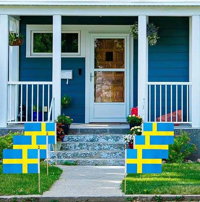 GSYLPFT 12 Pack Swedish Flags on Sticks Sweden Small Mini Hand Held Flags for Office Classroom Holiday Party Decorations
