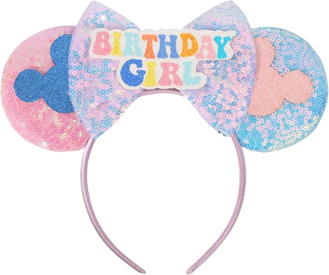 ETLUK Birthday Mouse Ears Headband, Birthday Girl Headband Sequin parks Ears for Adult Women Girls, Cosplay Accessories Party Decorations