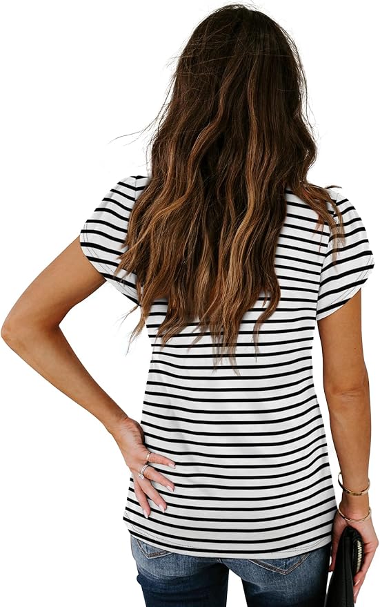 WIHOLL Womens Tops V Neck Summer Petal Sleeve Casual Tshirts