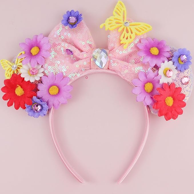 LIHELEI Mouse Ears Headband for Princess, Flower Mouse Ears for Princess Women Birthday Party Halloween Costume, Shiny Park Ears for Adult - Flower Headband