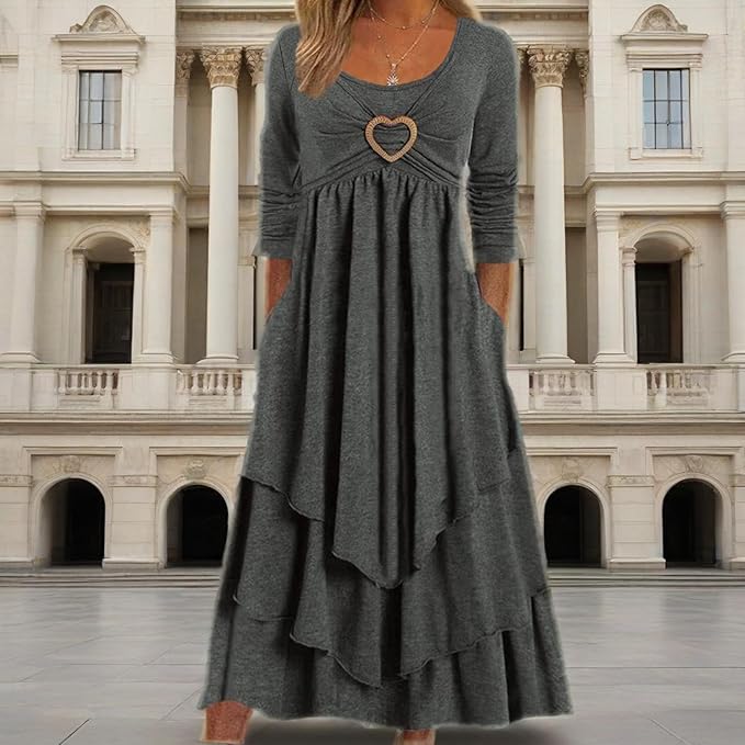 Winter Dresses for Women Wedding Guests Casual Cute Heart Long Sleeve Tiered Maxi Dress with Pockets Plus Size