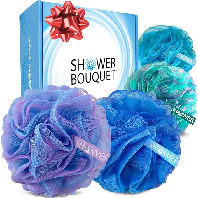 SHOWER BOUQUET Loofah Bath-Sponge XL Swirl-Deep-4-Pack // Extra Large 75g Soft Mesh Net Luffa Loofa Loufa Lufa Puff Set/Exfoliating Body Scrubber for Women and Men - Exfoliate & Soothe Face & Body