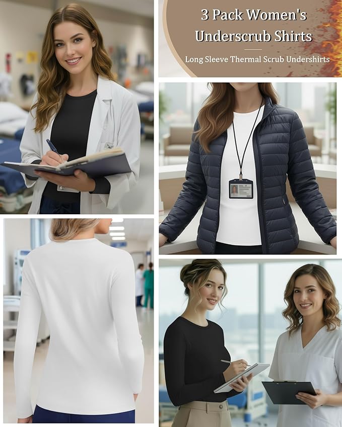3 Pack Women's Underscrub Shirts Long Sleeve Thermal Scrub Undershirts Nurse Crew Neck Slim Fit Fleece Top Basic Tee