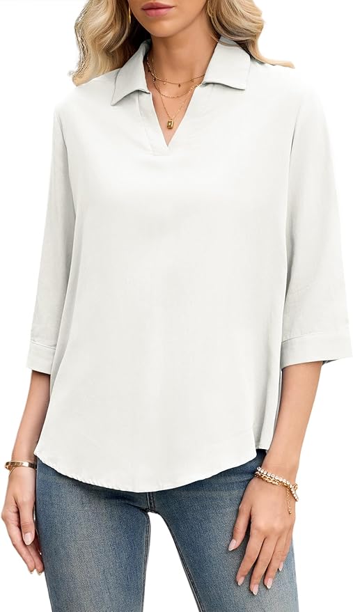 LOMON Womens 3/4 Sleeve Tops V Neck Cotton Linen Work Blouse Polo Shirts for Women Business Casual 2026