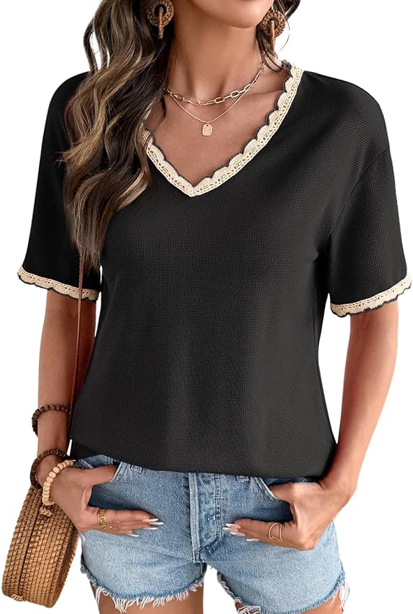 Dokotoo Womens Summer Tops Casual Short Sleeve Lace T-Shirts Solid V Neck Waffle Knit Shirts Blouses