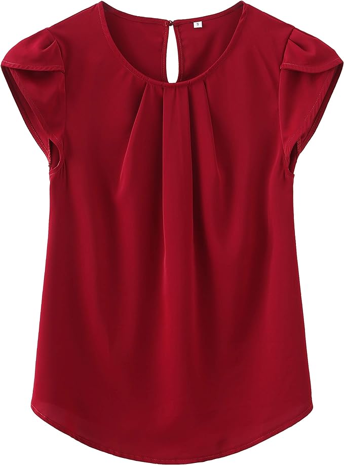 TASAMO Women's Casual Round Neck Basic Pleated Top Cap Sleeve Curved Keyhole Back Chiffon Blouse