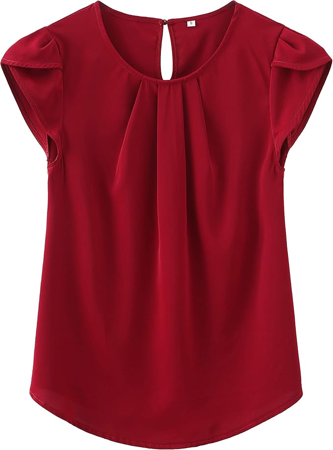 TASAMO Women's Casual Round Neck Basic Pleated Top Cap Sleeve Curved Keyhole Back Chiffon Blouse