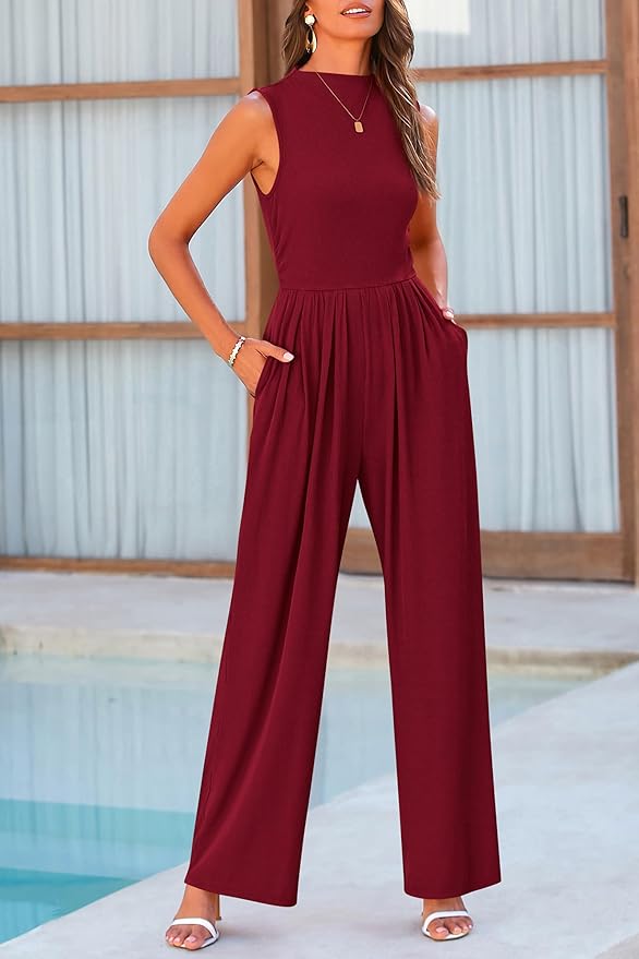 PRETTYGARDEN Womens Summer Jumpsuits Dressy Casual One Piece Outfits Sleeveless Mock Neck Wide Leg Pants Rompers with Pockets