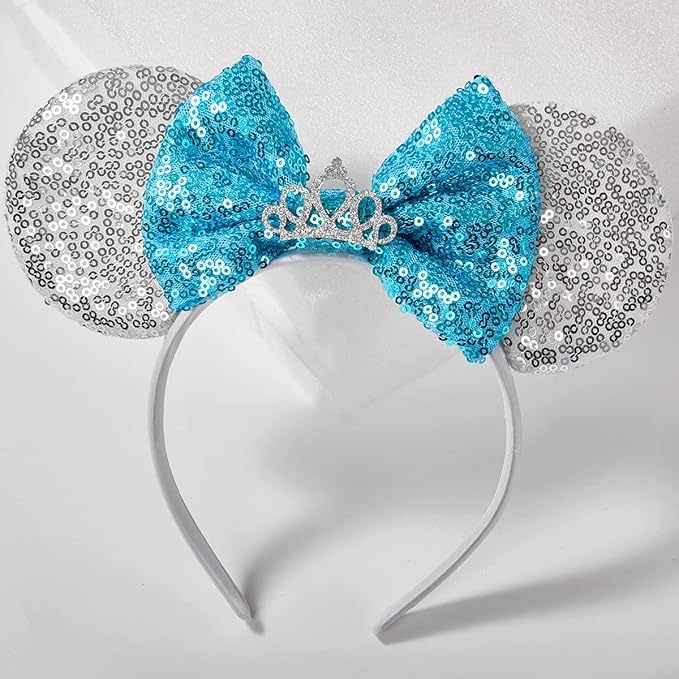 RAZKO Sequin Mouse Ears Headband, Cinderella Silver Blue Mice Ears Hairband Princess Headband for Women Girls Hair Accessories (Silver-Crown)