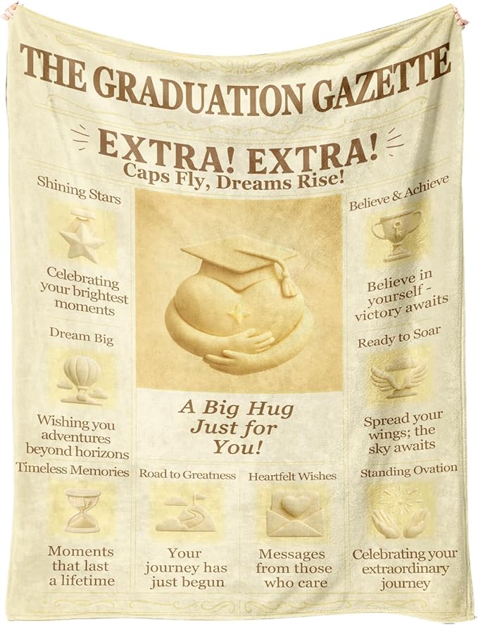 Graduation Blanket, 60x50 Soft Flannel Throw, Newspaper-Style Keepsake Gift for Her or Him, Retro Newsprint Aesthetic, Dorm Send-Off, Beige-Gold Inspirational Quotes