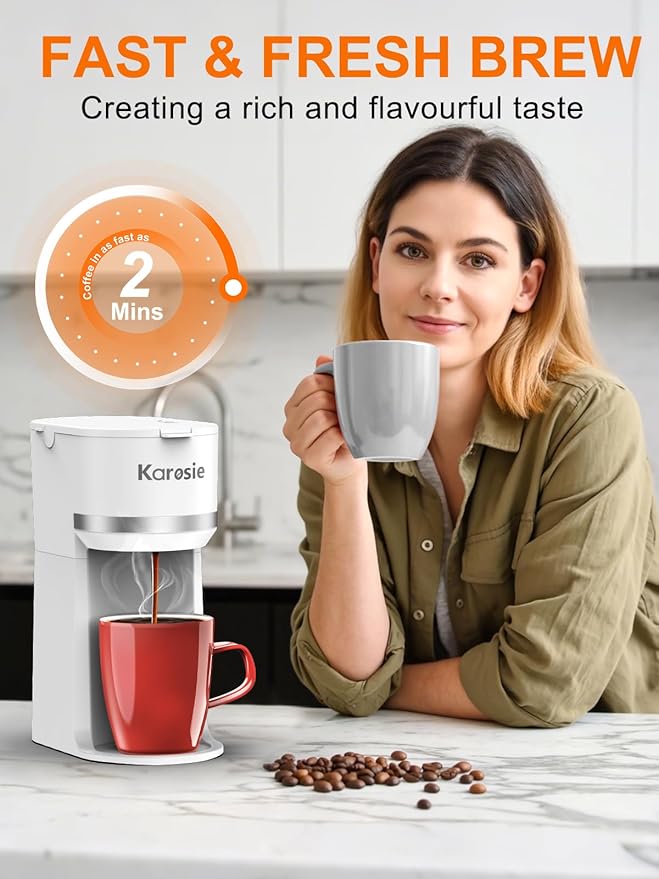 Karosie Single Serve Coffee Maker for K-Cup and Ground Coffee, Fast Brew, 6-12 oz Brew Sizes One Cup Coffee Machine Fits 5.5" Mugs, One-Button Small Coffee Maker with Descaling Reminder,White