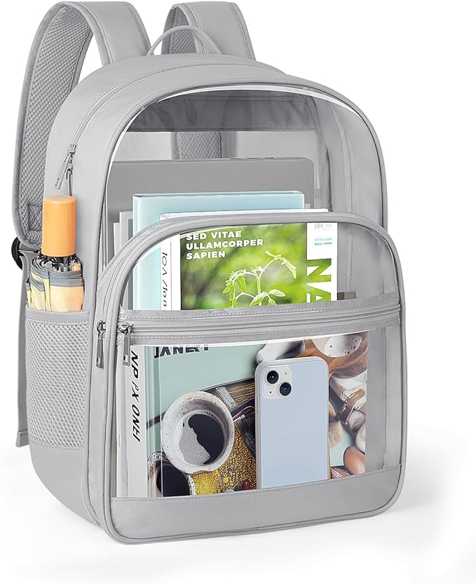 KIMNERPU Clear Backpack, Heavy Duty Transparent Bookbag for School, Fabric & PVC Transparent Backpack with Reinforced Strap for Women Men, Capacity Clear Bag for College, Travel, X-Large Grey