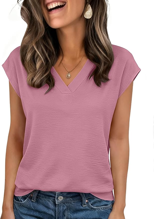 Zeagoo Womens Tops Cap Short Sleeve Textured Blouse V Neck Summer Spring Shirts Business Casual Outfits