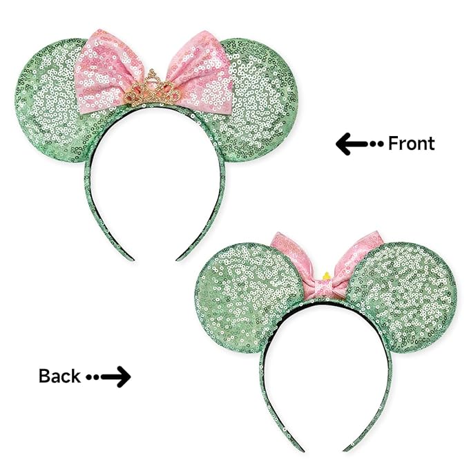 RAZKO Mouse Ears Headband, Sequin Green Mice Ears Hairband Animal Ears Headband for Women Girls Hair Accessories (Green Crown L)