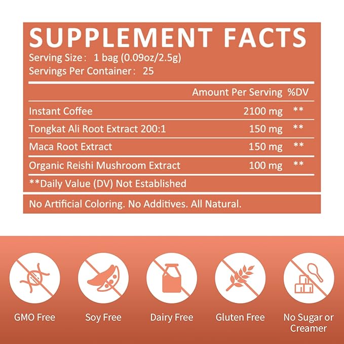 GANOHERB Maca Energy Coffee for Men, Women Herbal Coffee with Tongkat Ali, Maca Root, Reishi Mushroom Extract for Energy & Focus - 1 box (25 Packets)