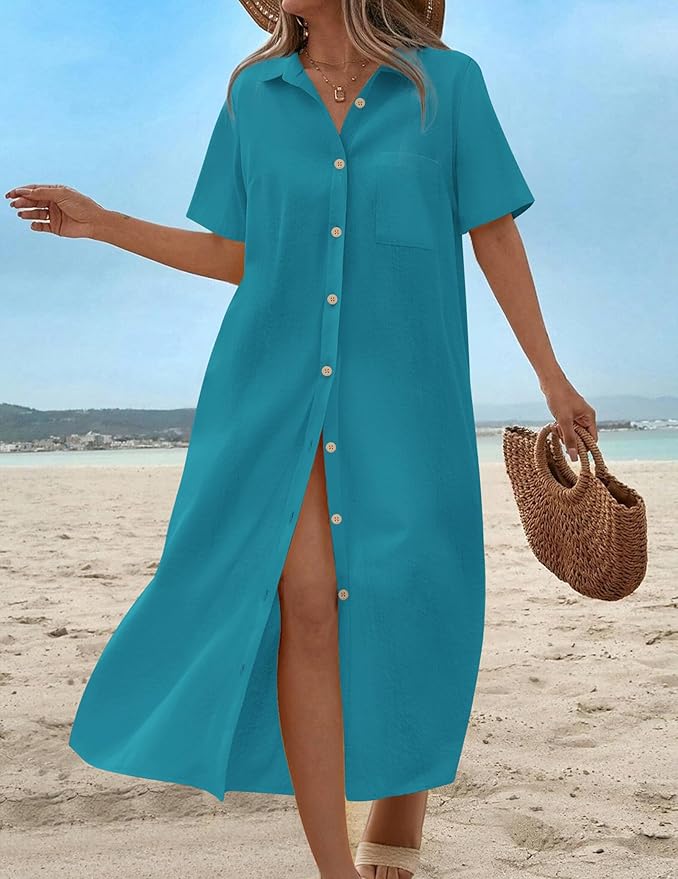 HOTOUCH Womens Dress Summer Casual Midi Short Sleeve Button Down Shirt Dresses Loose Beach Cover Up with Pockets