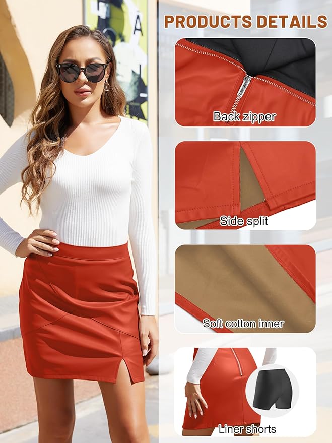 We1Fit Womens Fuax Leather Skirt High Waisted Bodycon Pencil Mini Skirts with Shorts