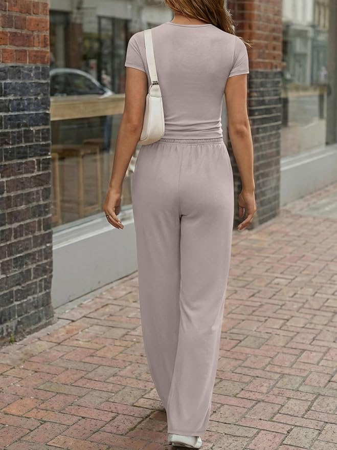 Trendy Queen Women's 2 Piece Matching Lounge Sets Summer Henley Neck Slightly Crop Top Wide Leg Pants Casual Sweat Suit
