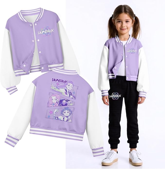 K PopGirls Kpop Tracksuit Cute Cartoon Print Baseball Coats Fashion Long Sleeve Jackets and Pants Christmas Costume Set