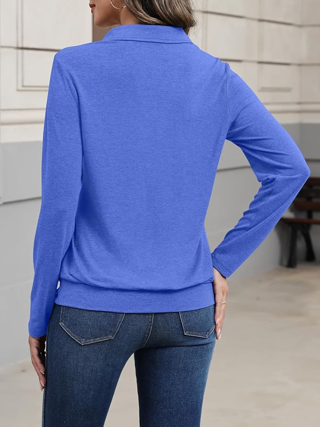 Womens Polo Shirts Long Sleeve Banded Bottom Tops Business Casual Tops Collared V Neck Blouses