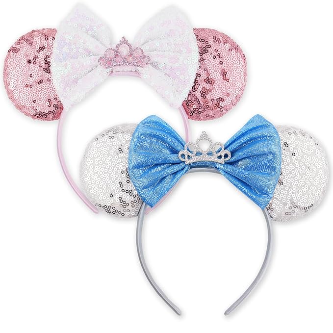 LIHELEI Mouse Ears Headband, Princess Mouse Ears Headbands for Halloween Costume, Princess Party Headwear Hair Accessories -2 pack Silver+Pink