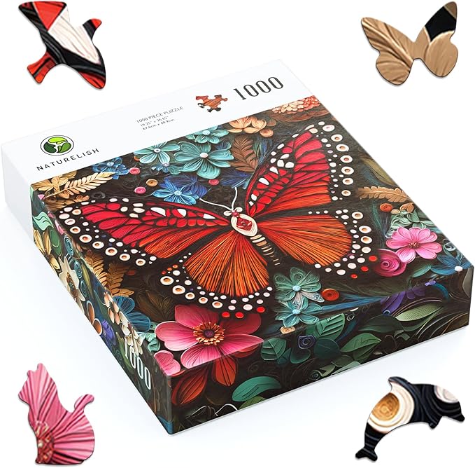 Naturelish Butterfly Jigsaw Puzzles for Adults 1000 Pieces, Brain Challenging Shaped Puzzle for Game Night, Family, Friends, Size is 26.6 x 19.2, Paper Cutting Art