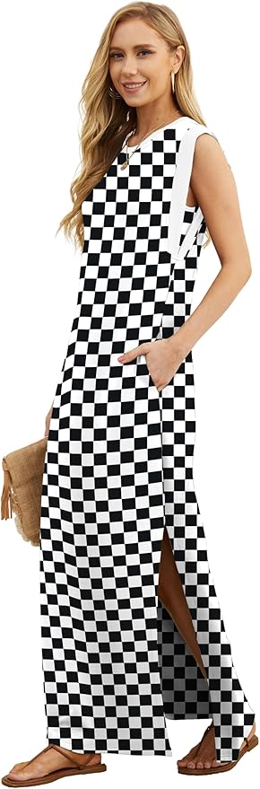 GRECERELLE 2026 Women Year-Round Casual Round Neck Loose Split Wrinkle-Free Long Maxi Vacation Dress with Pockets (XXS-4XL)