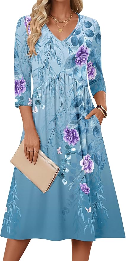 ZEAGOO 3/4 Sleeve Women's Dress Casual Flowy A-Line Midi Tshirt Dresses with Pocket Empire Waist Summer Boho Beach Sundress