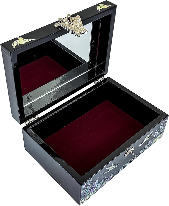 Nacreh Mother of Pearl Korea Traditional Crane Jewelry Ring Necklace Trinket Wooden chest Box - Inlay with Sea Shell Gifts for Women