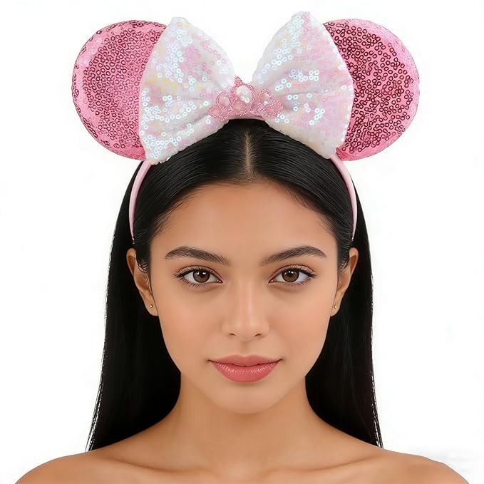 HoveBeaty Mouse Ears Bow Headbands Sequin Hairband Butterfly Glitter Hair Accessories for Girls Women (pink crown)