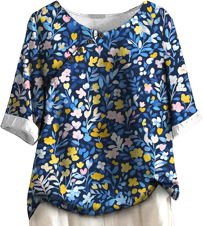 Women's Shirts Dressy Casual Asymmetric Side Button Down Design Tops Summer Loose Fit Crewneck Graphic Tees