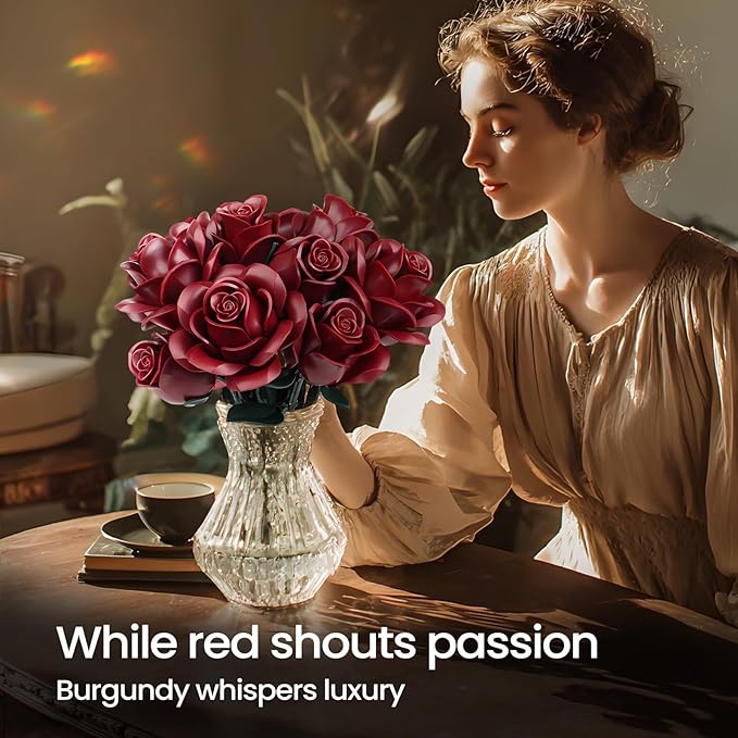 iATOM Burgundy Red Rose Bouquet Building Set, 12Pcs Flower Botanical Collection Kit for Adult, Valentine's Day Gift for Her/Girlfriend/Mom/Wife/Couple, Vintage Home Office Table Centerpiece Decor