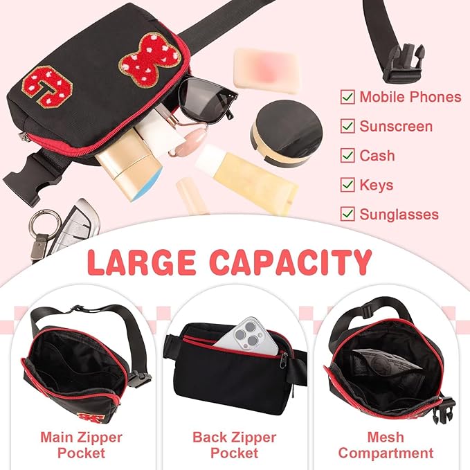 Initial Letter Bow Mouse-Ear Fanny Pack for Teen Girls,Cute Chenille Belt Bag Crossbody Travel Waist Pack for Women&Kids,Personalized Gift for Theme Park,School & Travel, Birthday Christmas(C)