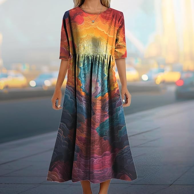 MARSVOVO Trendy Dresses for Women 2025 Classic Fairy Flowy Sundress Relaxed Fit Dress with Side Pockets