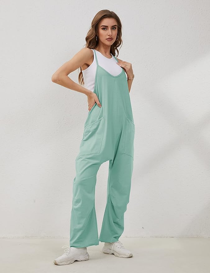 Lentta Women's Causal Jumpsuits V Neck Sleeveless Harem Overalls Stretchy Adjustable Strap Romper with Pockets