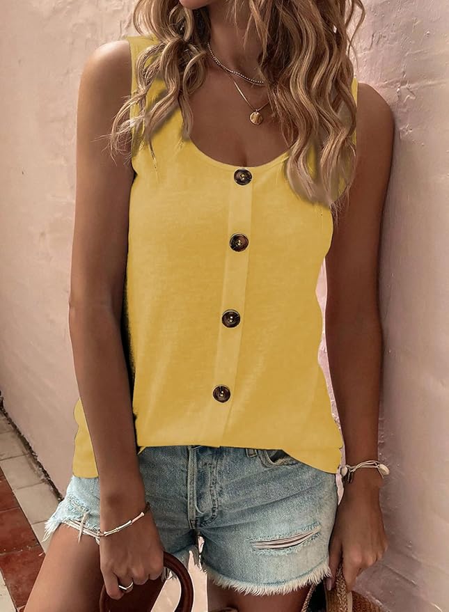 SHEWIN Womens Tank Tops Solid Button Crewneck Sleeveless Summer Tops Loose Fit