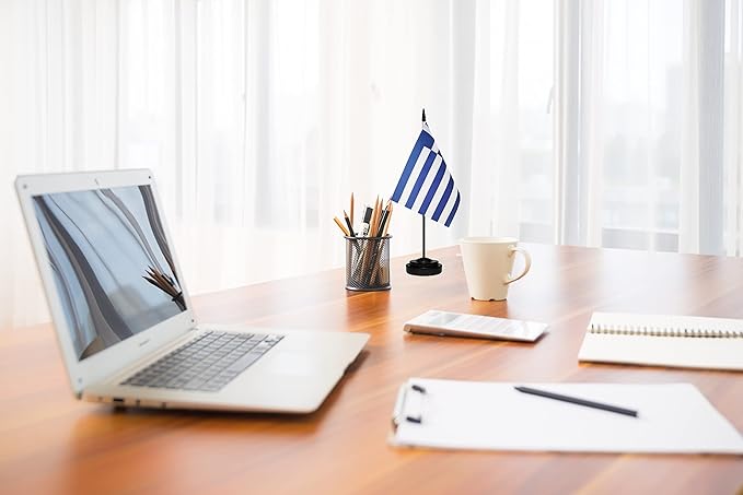 USA American & Greece Greek Desk Flags, US Greece Office Table Flag, Small Mini Miniature Greek and US Desktop Flag With 13" Solid Black Pole, Black Base