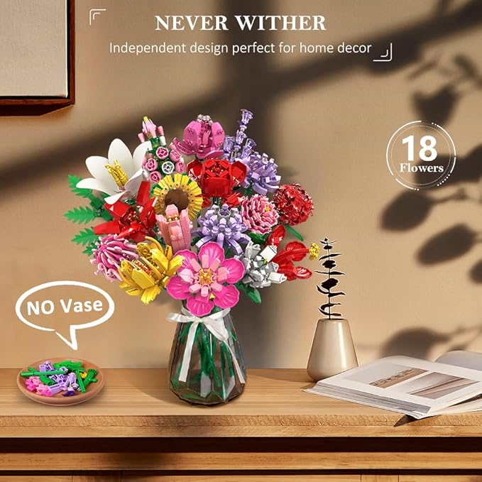 HOGOKIDS Flower Bouquet Set for Adults - Valentine 1461PCS Artificial Flowers Botanical Collection | 18 Sticks Decorative Home Plant Bouquet | Creative DIY Gift for Wife Girlfriend Mom Women Men