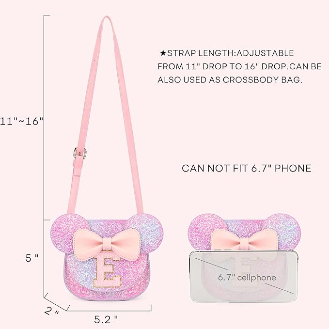 mibasies Toddler Purse Girl Gifts: Girls Birthday Gifts for 3-8 - Toys for Ages 2-4 Girls Mouse Ears Purse, Purple Rainbow, Letter E