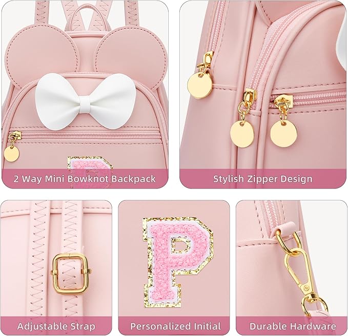 KKXIU Girls Initial Bowknot Cute Mini Backpack for Toddler, Travel Small Girl Backpacks, Personalized Valentine's Day Gifts for Little Girls and Kids(P, Pink)