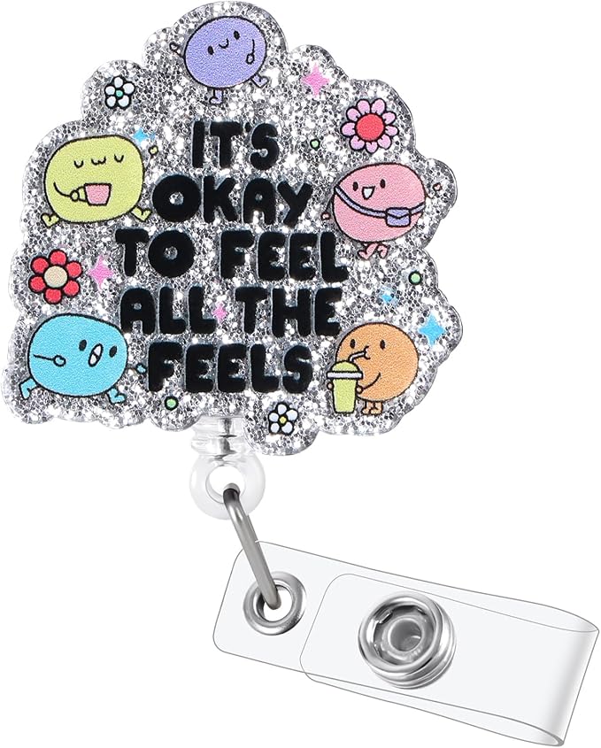 It's Okay to Feel All The Feels Funny Badge Reel | Inspirational Mental Health ID Holder for Nurses, Teachers, Social Worker Gifts, & Psychologists | Retractable Badge | Office Stocking Stuffer