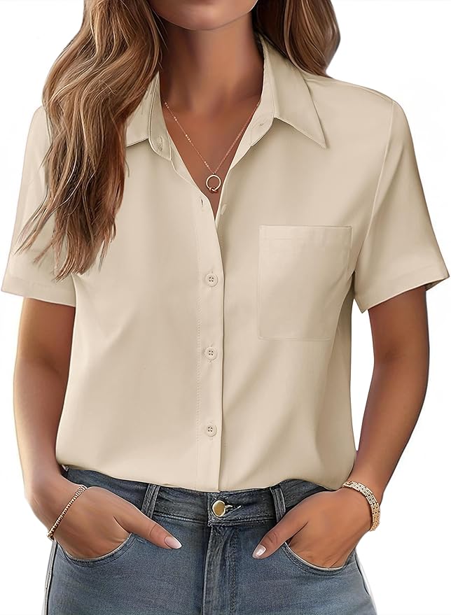 Zeagoo Womens Button Down Shirt Bust Pocket Short Sleeve Blouses Business Casual Work Tops Summer Outfits