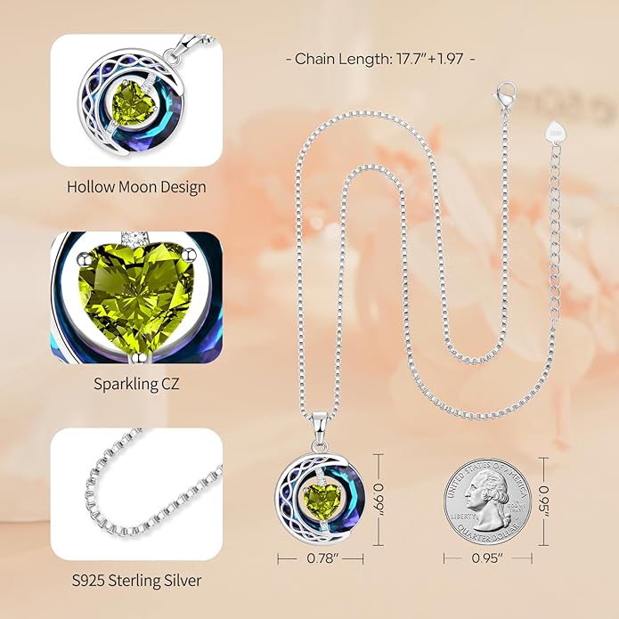 LIANYU Necklace for Womens Blue Sapphire Necklace Moon Pendant S925 Sterling Silver Crystal Jewelry for Women Pendant Birthday Gifts for Wife Gifts Valentine Anniversary